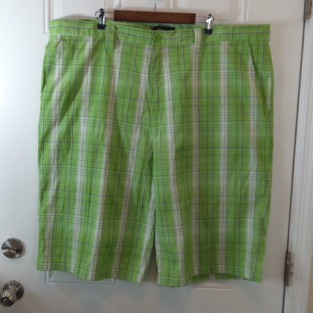 NBN gear four pocket green and white plaid shorts